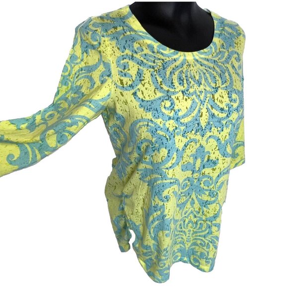 B.L.E.U. - Women's PL Tunic Yellow Blue Brocade Print Burnout with Blue Sparkles - Picture 4 of 12